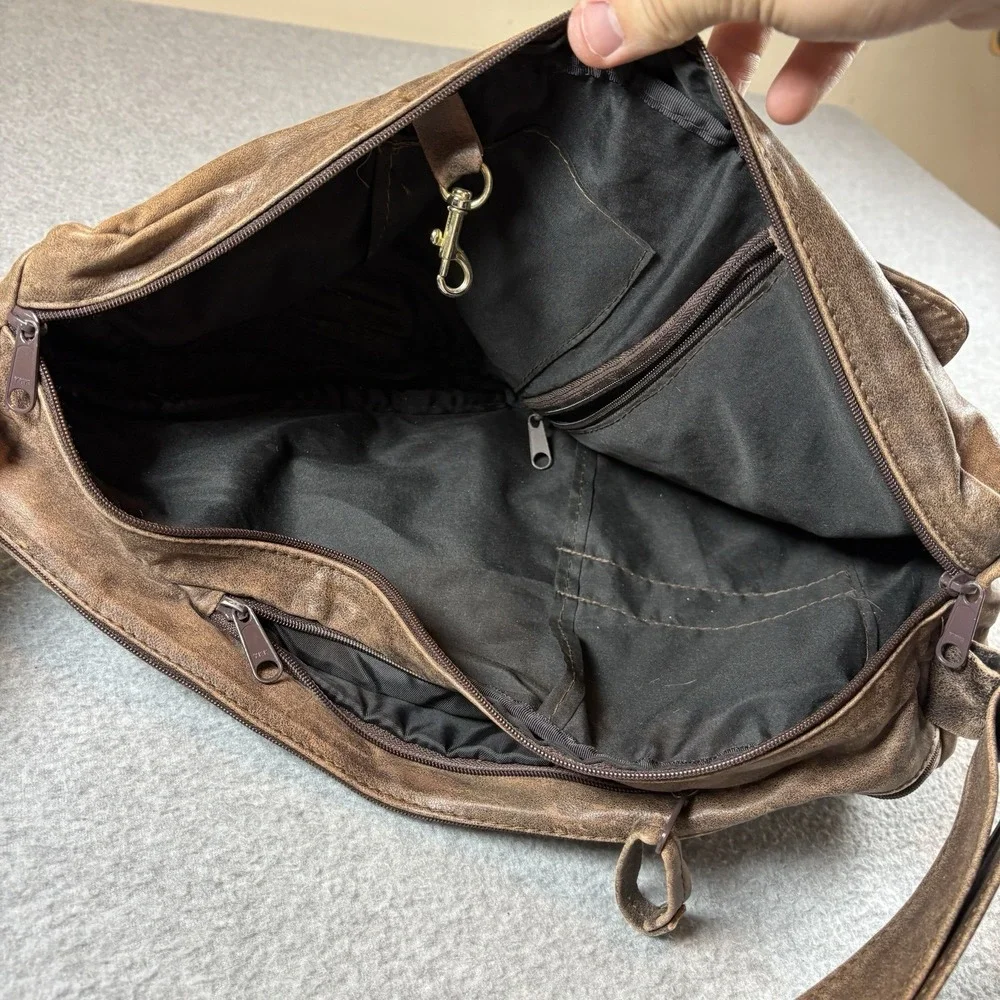 VTG Ace Leather Goods USA Brown Distressed Leather Teardrop Sling Backpack Bag